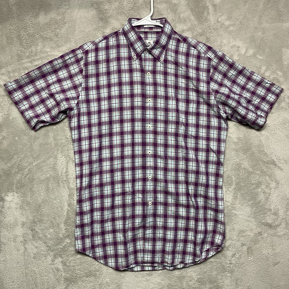 Peter Millar Shirt Mens Medium Purple‎ Plaid Linen Blend Short Sleeve Button Up